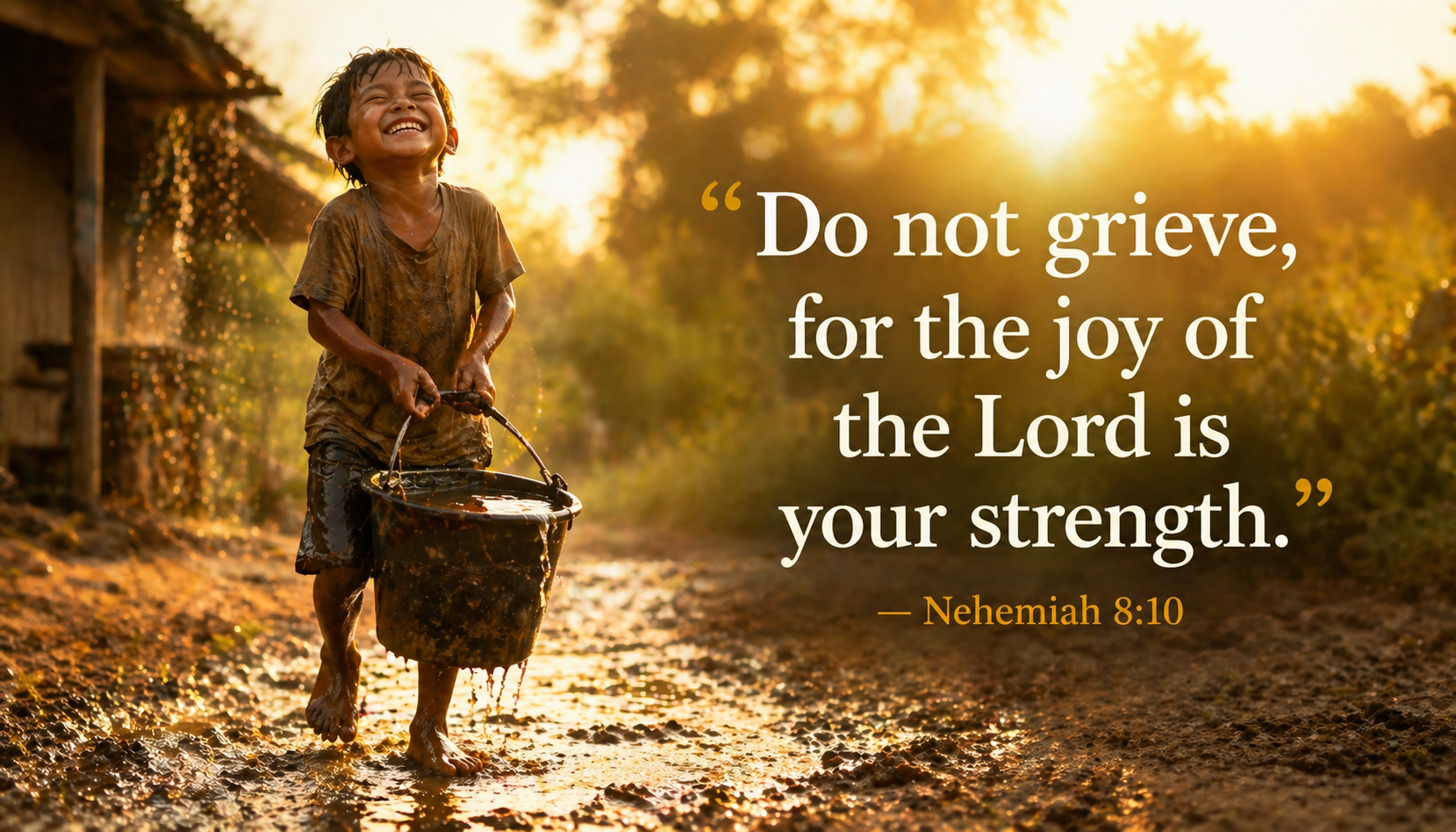 Bible verse wallpaper Nehemiah 8:10 with child laughing while lifting heavy bucket of water with sun behind and mud on bare feet